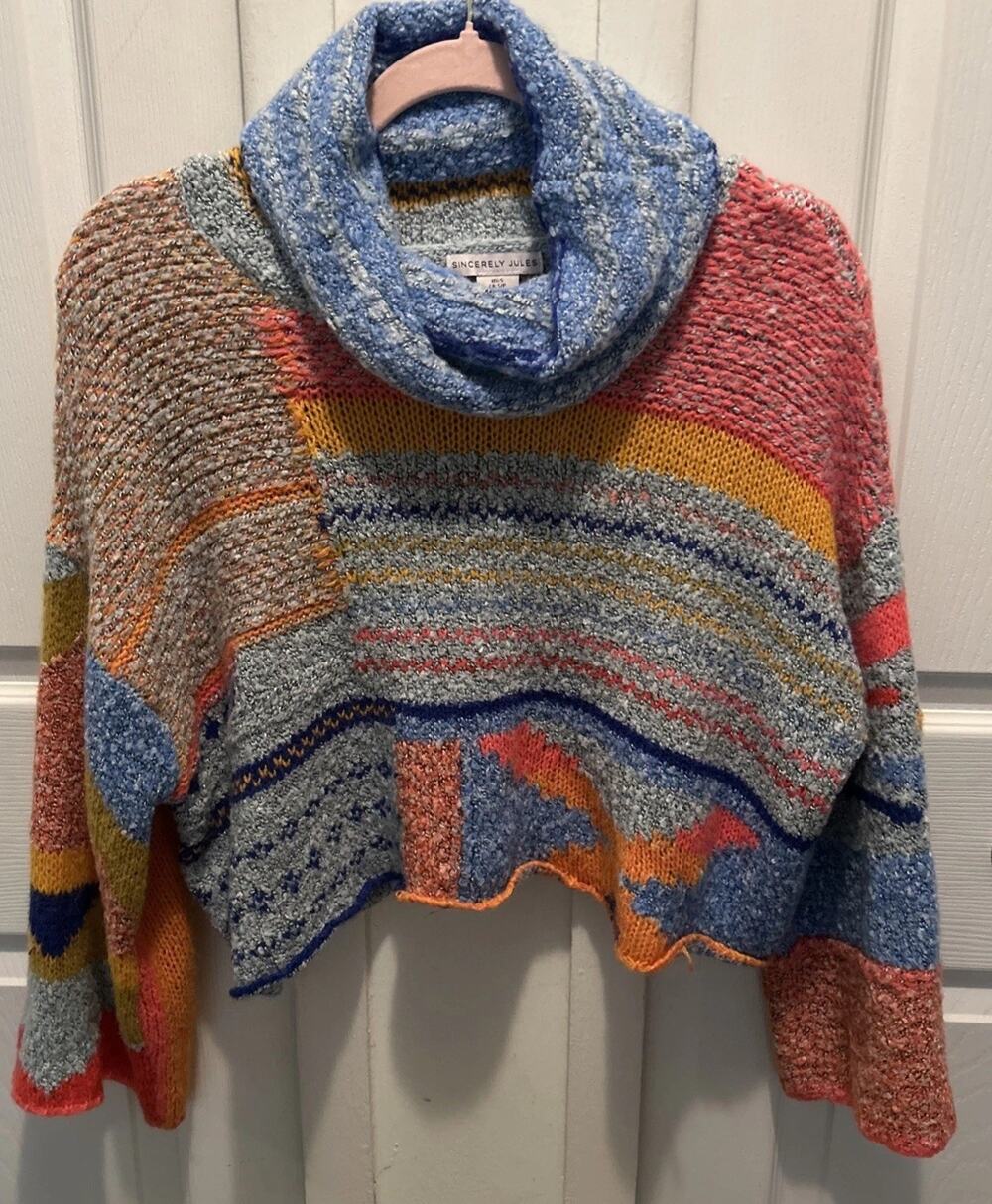 SINCERELY JULES Womens Striped Cropped Flare Sleeve Boho Pullover Sweater Sz S